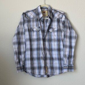 Larry Mahan Boys XL Pearl Snap Western Plaid Shirt Blue Fits Women’s Small